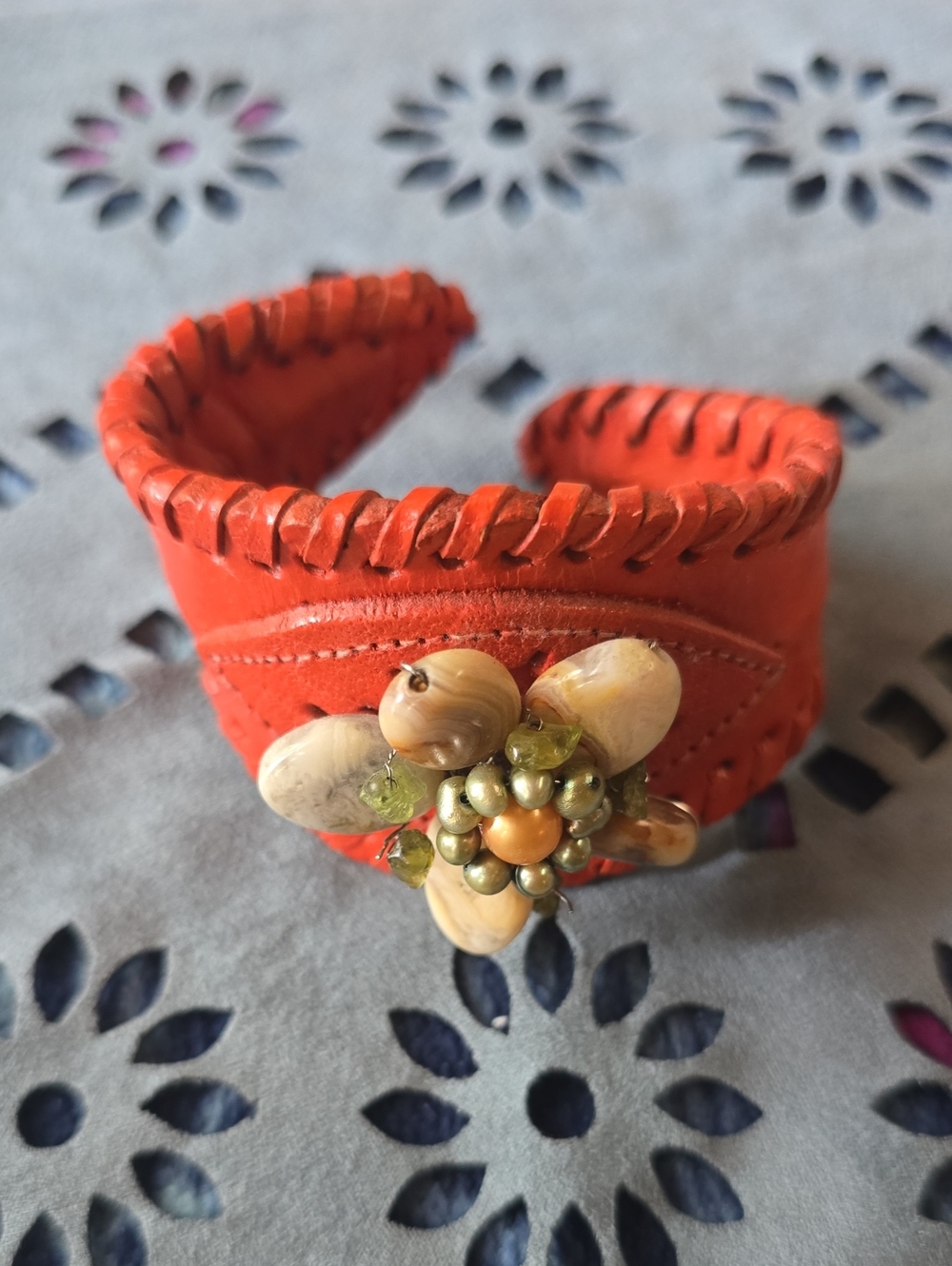 Women's Orange Leather Cuff Bracelet with Bead Flower Accent